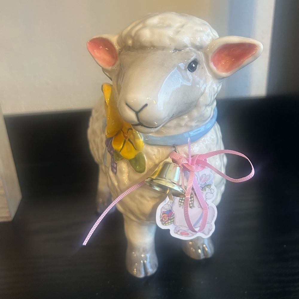 Ceramic Lamb Figurine with Bell and Bow
